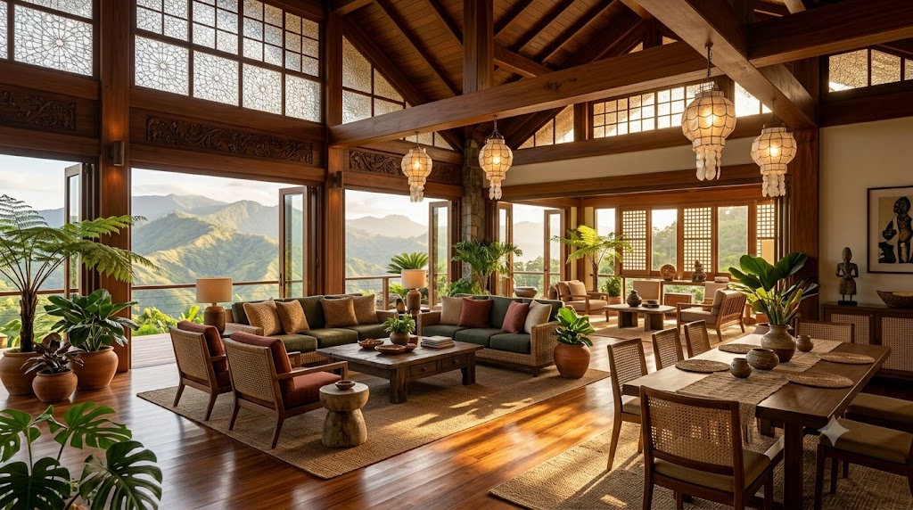 Warm wood interior with capiz-inspired windows