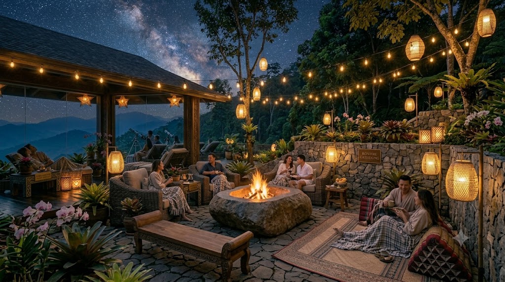 Guests gathered around a stone fire pit
