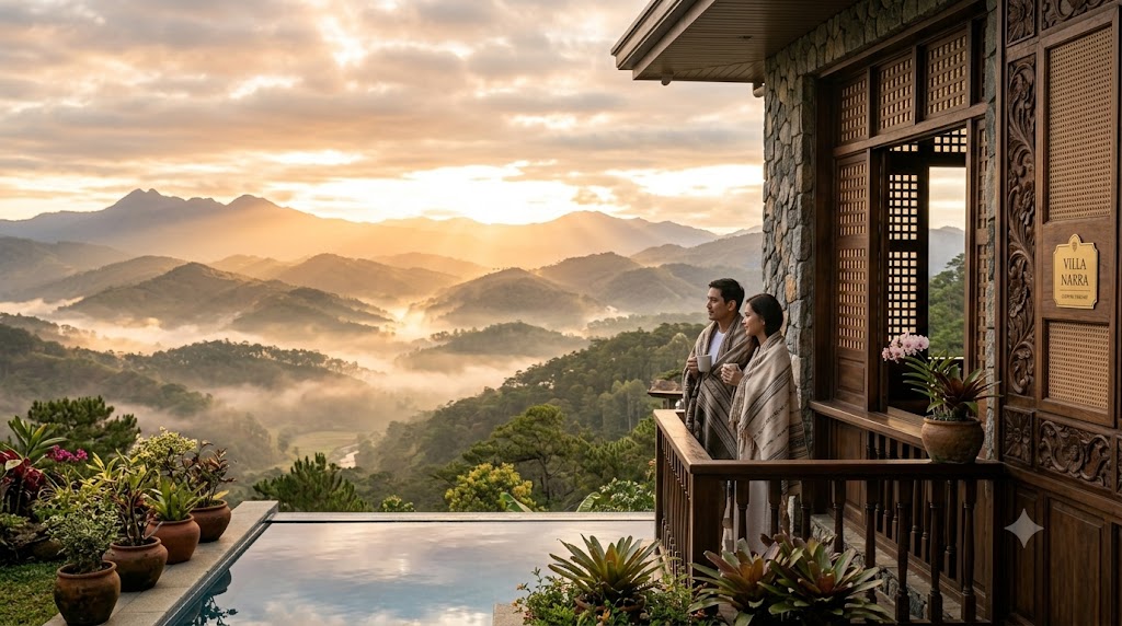Mountain sunrise over misty hills