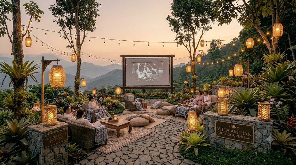 Outdoor cinema setup under the night sky