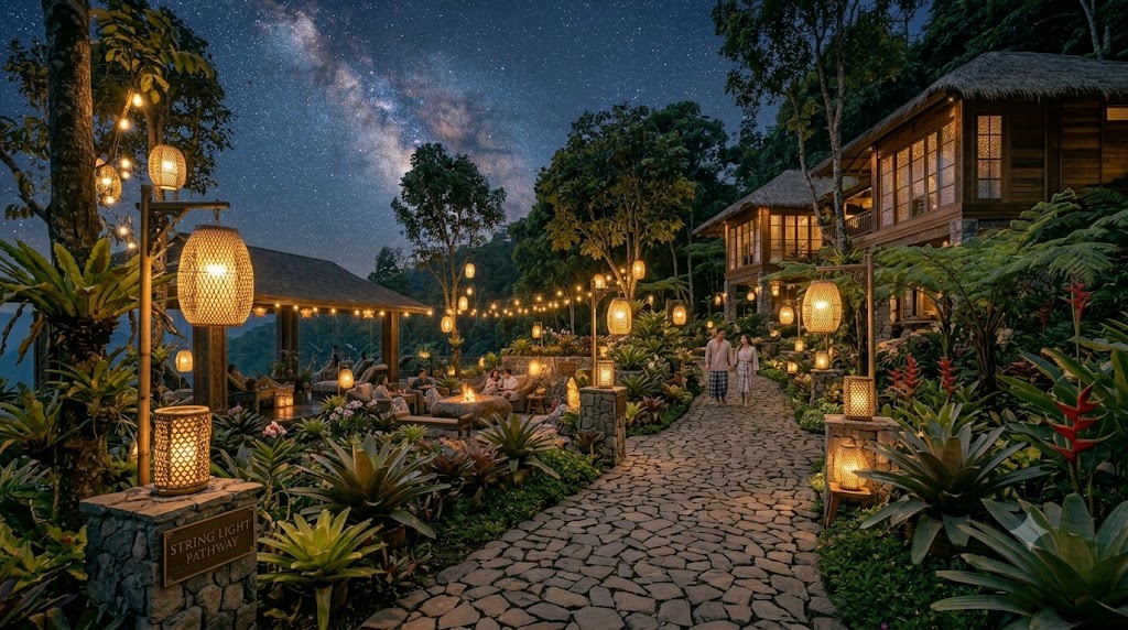 Pathway lit by warm string lights at night
